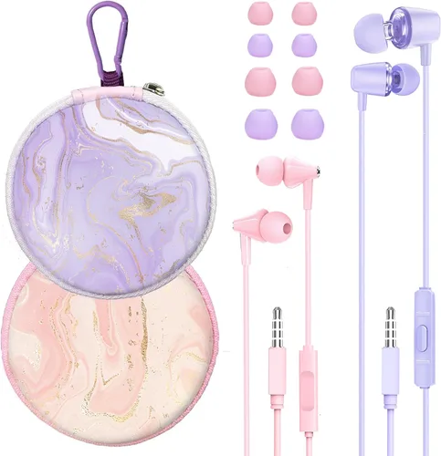 Vista 10 de 2 paquetes de auriculares para niños (azulvioleta) GOGOSINIS 2-Pack Teens Wired Student Earbuds with Carabiner Clips to Attach on School