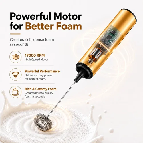 Vista 3 de Espumador de leche recargable con soporte, fabricante de espuma de batidor eléctrico, potente mezclador de bebidas USB C de 2 velocidades para café
