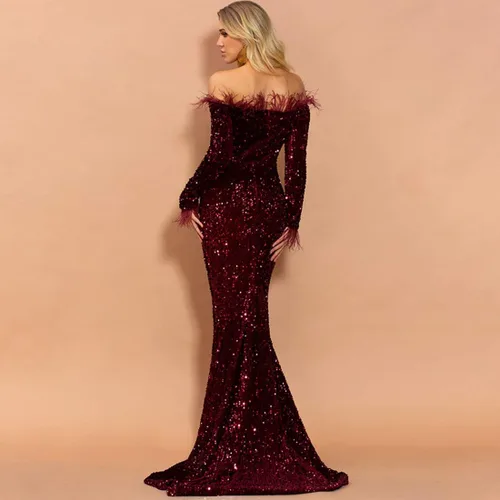 Vista 6 de Vestido de noche para mujer largo hasta el suelo sin hombros sin espalda de manga larga con plumas y lentejuelas para fiestas y matrimonios