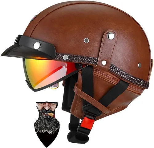 Vista 11 de Casco Moto Retro Jet Vintage DOT Homologado para adultos, hombres y mujeres, forro transpirable desmontable, Visera Retráctil PC y hebilla rápida