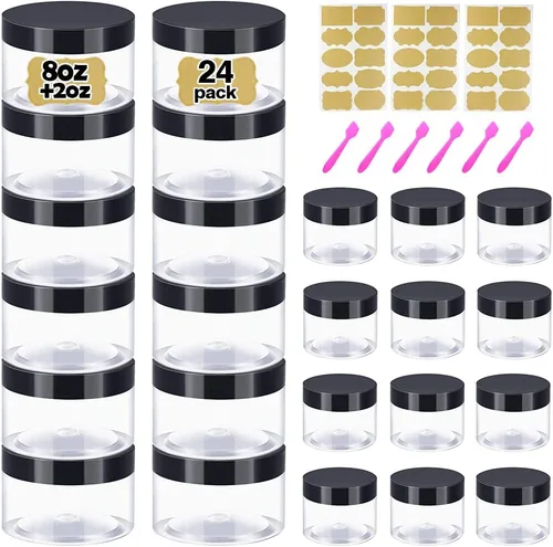 Vista 9 de Recipientes de plástico de 4 onzas con tapas + recipientes pequeños de 1 oz con tapa (juego de 24) tarros de plástico con tapas para cosméticos