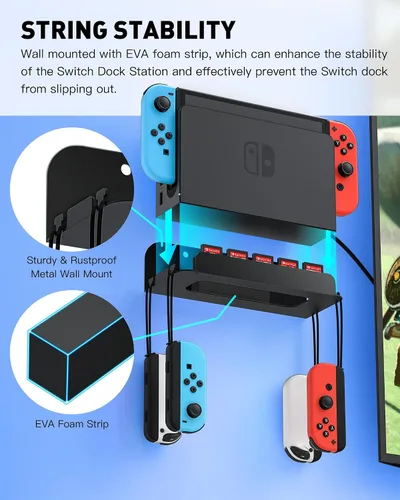 Vista 7 de Soporte de pared para Switch y Xbox Series X, con 2 soportes para controlador y 1 soporte para auriculares