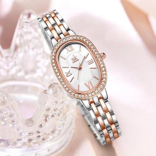 Vista 3 de SHENGKE SK - Reloj de pulsera de acero de aleación sólida con detalles de cristal ovalado para mujer