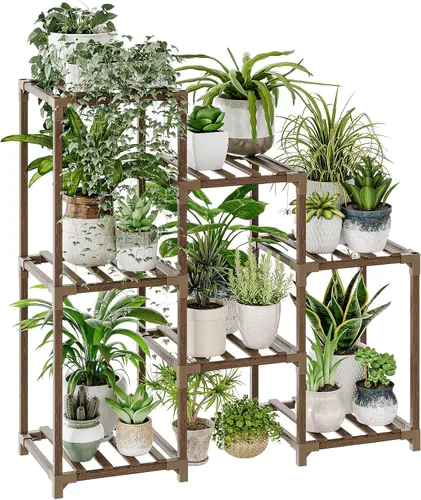 Vista 27 de Bamworld - Soporte esquinero para plantas de interior y exterior, mesa pequeña para varias plantas, estante de madera para jardín, patio, césped