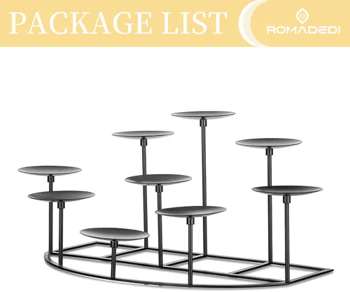 Vista 6 de Romadedi Portavelas para chimenea, 9 candelabros, para velas de pilar, soporte de vela negro, mesa de hierro, centro de mesa, manto, decoración