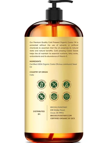 Vista 3 de Brooklyn Botany Aceite de ricino orgánico prensado en frío para cabello, piel y cara 16 onzas líquidas 100% puro y natural Aceite portador