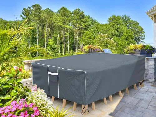 Vista 7 de Funda para mesa de patio, impermeable, rectangular, resistente 500D, protección para todo tipo de clima, para muebles de exterior, 90 pulgadas