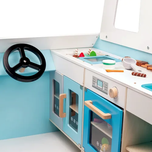 Vista 9 de Juego de camión de helados de madera - 20 piezas de juguetes divertidos incluyendo congelador, volante, fregadero y lámina de pegatinas para niños