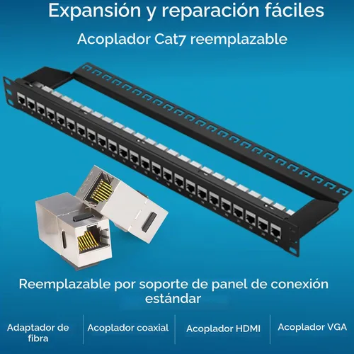 Vista 5 de Rapink Panel de conexiones de 24 puertos Cat7 con soporte Keystone 10G en línea, panel de conexión acoplador blindado STP de 19 pulgadas con barra
