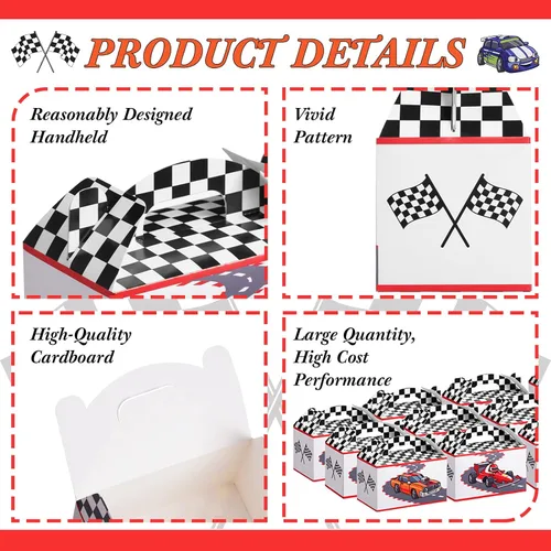 Vista 5 de 24 cajas de regalo de fiesta de autos de carreras con asa de bandera de carreras, cajas de golosinas para regalos de caramelos, ruedas a cuadros