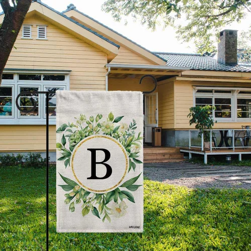 Vista 2 de Monogram Initial Letter P House Flag Flower Wreath Simple Style Letter Flag 28x40 Inch Vertical Double Sided for Outdoor Yard Decor