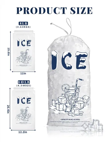 Vista 2 de Paquete de 100 bolsas de hielo de plástico de 5 libras, bolsas de hielo resistentes de 17 x 9 pulgadas con cordón (2 mils de grosor)