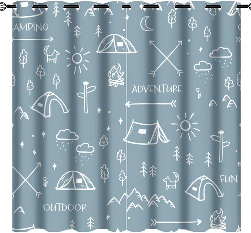 Vista 27 de Cortinas abstractas con estampado de cámper de caricaturas, divertido tema de aventura, campamento, montañas, vida silvestre, oso, tratamiento