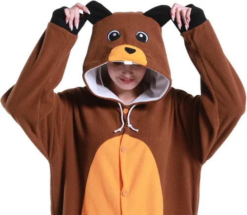 Vista 6 de dressfan Animal Brown Beaver Onesie Cosplay Disfraz Navidad Halloween Pijamas para Adultos Unisex Adolescentes Niños
