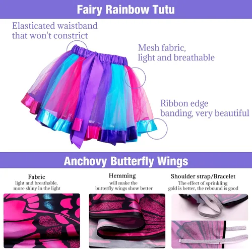 Vista 6 de D.Q.Z Toddlers Fairy-Butterfly-Wings-Costume for Girls 4 Pcs With Tutu Dress Headband, Kids Costume Halloween Party Favors