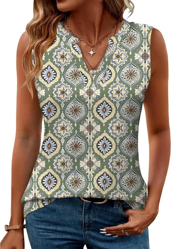 Vista 45 de Romanstii Camisas sin mangas para mujer, estilo casual, de verano, cuello en V, blusas elegantes, túnica