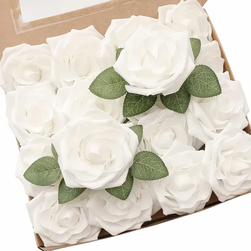 Vista 7 de Floroom Flores artificiales, 16 rosas falsas de avalancha de espuma de aspecto real de 3.5 pulgadas con tallos para ramos de boda, centros de mesa