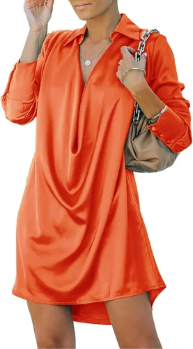 Vista 4 de Halfword Vestido camisero de satén para mujer sexy casual cuello en V profundo manga larga con botones holgado mini vestido tipo camiseta