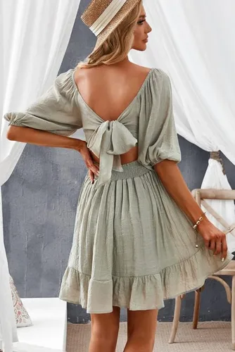 Vista 5 de Dokotoo Vestidos de verano para mujer cuello cuadrado lazo en la espalda manga farol volantes acampanado casual mini vestido