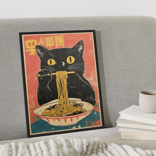 Vista 2 de Arte de pared vintage de gato japonés en lona, póster de gato negro peculiar comiendo ramen, impresión de arte retro de animales divertidos