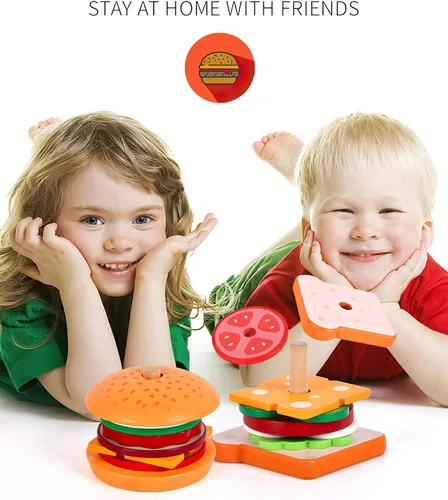 Vista 5 de Juguetes de hamburguesas de madera para apilar para niños, alimentos de juego Montessori para niños pequeños, juguetes educativos para niños de más