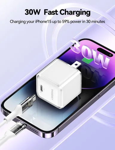 Vista 2 de Cargador USB C, THREEKEY 30W GaN Fast Wall Charger Block, adaptador de corriente USB-C compatible con iPhone 16/15/14/13/12/11, MacBook Air, Galaxy