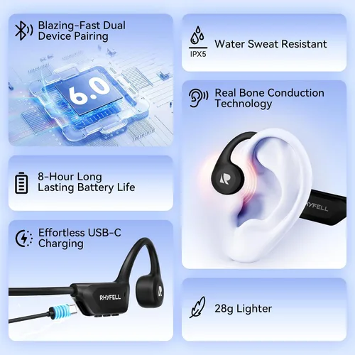 Vista 8 de Auriculares de conducción ósea de oreja abierta para entrenamientos más seguros, auriculares deportivos inalámbricos Bluetooth 6.0 con 8 horas