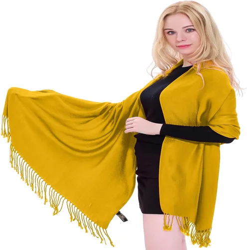 Vista 2 de CJ Apparel Solid Color Tassels Design Nepalese Shawl Seconds Scarf Wrap Stole Throw Head Wrap Pashmina Hand Made in Nepal Amarillo ámbar