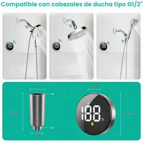 Vista 6 de Longriver MX08 Monitor de temperatura de ducha inalámbrico, termómetro de ducha para cabezales y sistemas Sensor hidroalimentado, pantalla