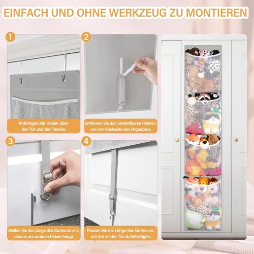 Vista 7 de Woodoulogy Almacenamiento de animales de peluche sobre la puerta, organizador de juguetes colgantes, muñeco de peluche y oso para bebé, idea