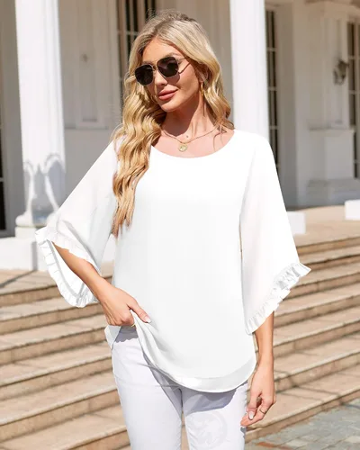 Vista 3 de Blusa de manga 34 con volantes para mujer, camisas fluidas de doble capa, elegantes blusas de gasa