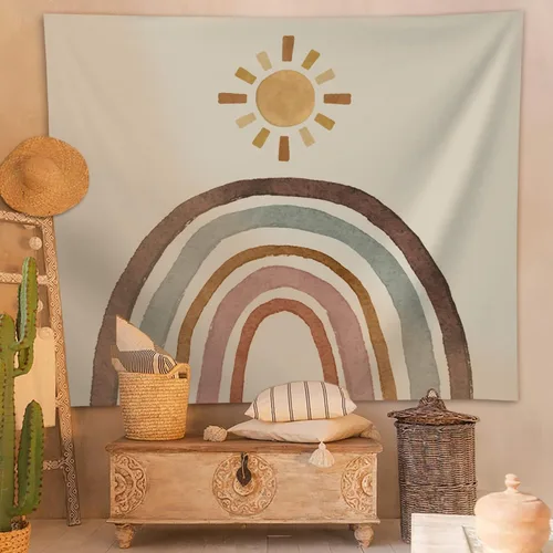 Vista 10 de SUOTEMEIFEI Tapiz de arte bohemio con plantas, tapiz retro con plantas, puesta de sol, paisaje, estético, abstracto, para pared, dormitorio, sala