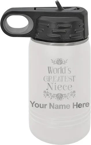 Vista 9 de LaserGram Botella de agua con tapa abatible de doble pared de 12 onzas con pajilla, sobrina más grande del mundo, grabado personalizado incluido