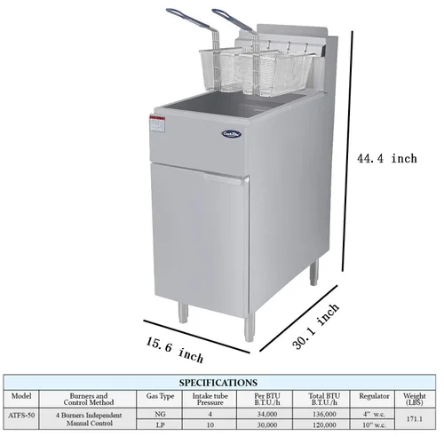 Vista 3 de Atosa CookRite ATFS-50-LP - Freidora de suelo independiente de 50 libras con control de temperatura, 4 tubos de quemador vertical de hierro fundido