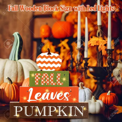 Vista 3 de Thyle Decoración de Acción de Gracias de 4 capas, letrero de madera de otoño con luces LED, decoración de madera con bloque de madera iluminado a
