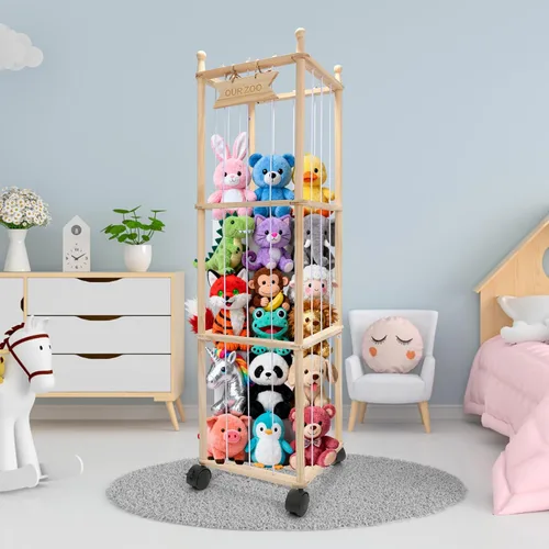 Vista 6 de YunSheCSBS Organizador de Almacenamiento de Animales de Peluche, Organizador Grande de Madera para Animales de Peluche con Ruedas, Soporte