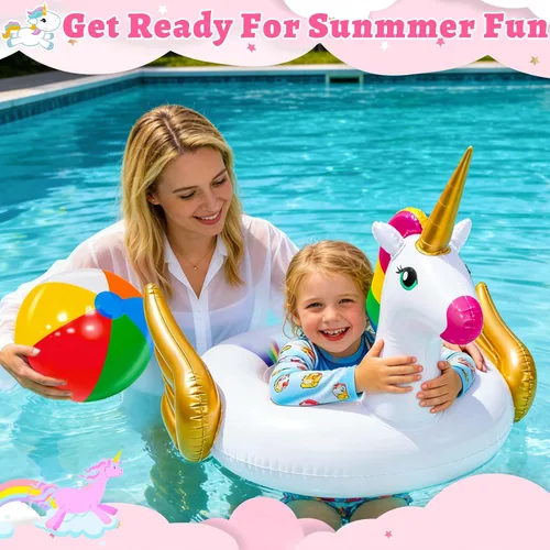 Vista 6 de Flotador de alberca iGeeKid, unicornio inflable, para natación, anillo de paseo, para fiestas, juguetes de verano, para playa, para niño de 3 a 12