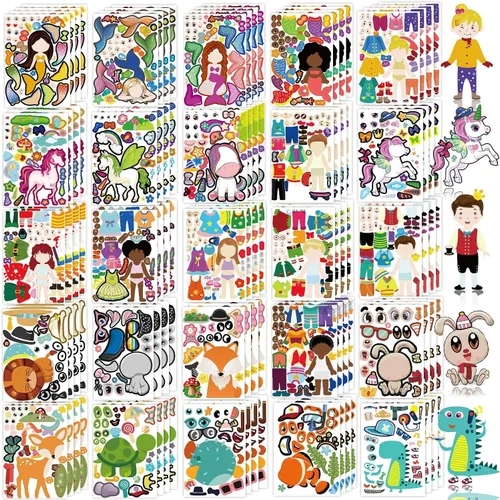 Vista 7 de Paquete de 100 calcomanías para hacer tu propia cara de animal, 25 diseños, divertidas calcomanías de cara de princesa princesa princesa para niños