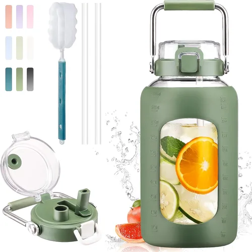 Vista 15 de BLUEGO Botella de agua de vidrio de 64 onzas con mango de acero inoxidable, botella de agua grande con marcadores de tiempo y funda de silicona Ámbar