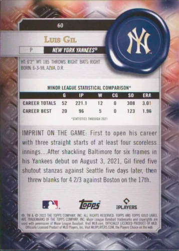 Vista 2 de 2022 Topps Gold Label Class 1#60 Luis Gil New York Yankees Rookie Baseball Card - GotBaseballCards