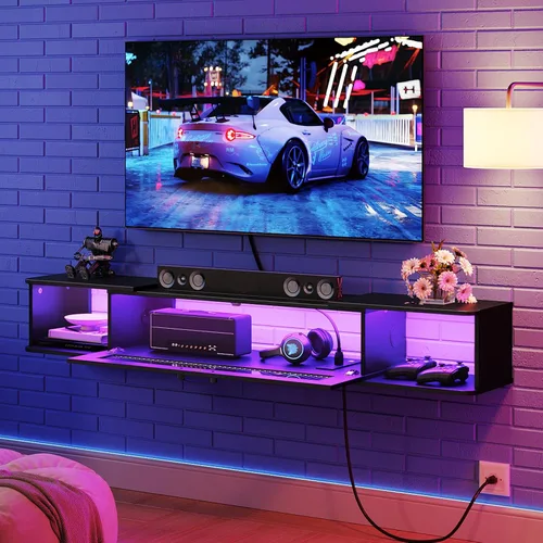 Vista 2 de HOOBRO Soporte de TV flotante con luz LED y toma de corriente para televisores de hasta 65 pulgadas, estante de TV montado en la pared, consola