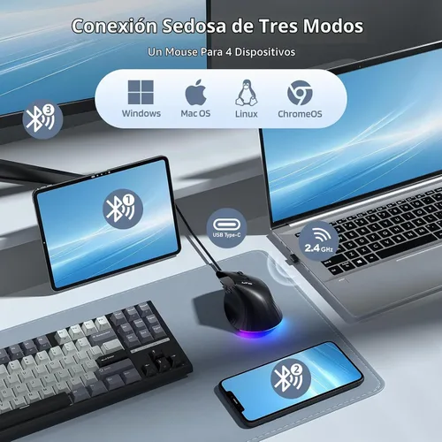 Vista 2 de LTC GM051 Ratón ergonómico vertical inalámbrico – 8K DPI óptico, 9 botones programables (5 lados), recargable 850mAh, Bluetooth