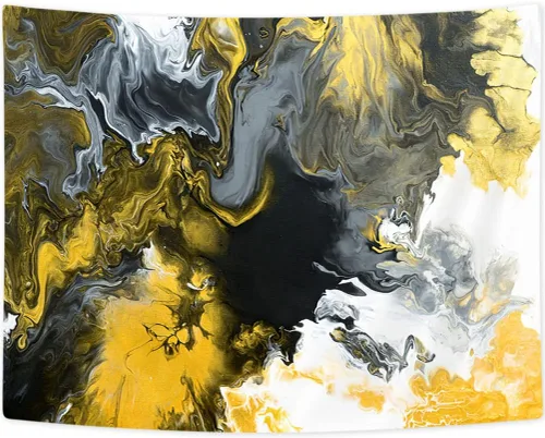 Vista 2 de Bzhilja Tapiz de mármol, arte abstracto de pared negro y dorado, tapiz vintage blanco, gris, amarillo, tapiz para colgar en la pared, psicodélico