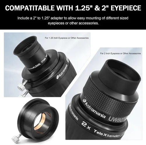 Vista 3 de Astromania Barlow Lens 2x, 2 pulgadas, 4 elementos totalmente multicapa de metal de alta potencia, accesorio de telescopio con anillo interno
