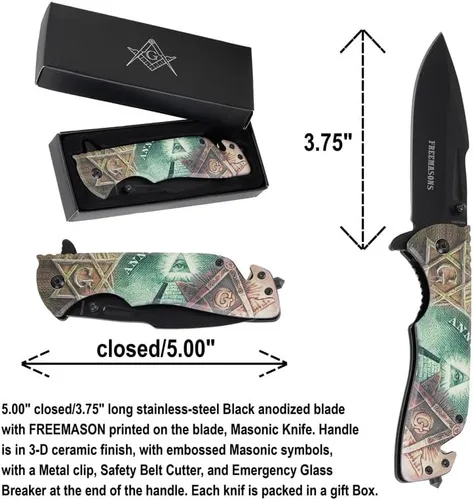 Vista 3 de Cuchillo de bolsillo masónico plegable, cuchillo de bolsillo de hoja de acero inoxidable de 5.00 pulgadas con impresión masónica Mango de acabado