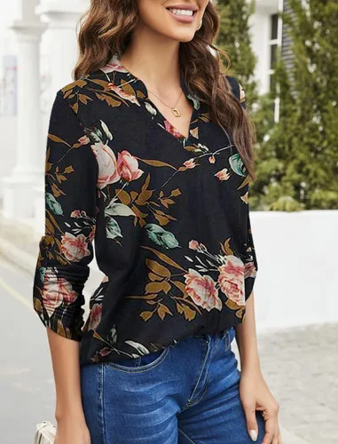 Vista 4 de Halife - Blusa tipo túnica para mujer, mangas 34 enrollables, cuello en V, estampado floral