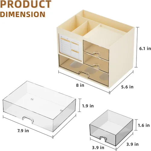 Vista 3 de Marbrasse Organizador de Escritorio con 3 Cajones, Soporte Multifuncional para Lápices y Bolígrafos para Escritorio, Organizador de Escritorio