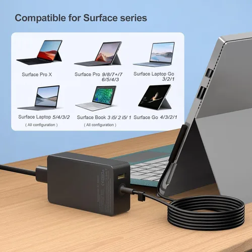 Vista 2 de Cargador de portátil Surface Pro de 65 W para Microsoft Surface Pro 11,10, 9, 8, 7+, 7, 6, 5 Surface Laptop 5 Studio 4 Go 3 2, Surface Book 3 2 1