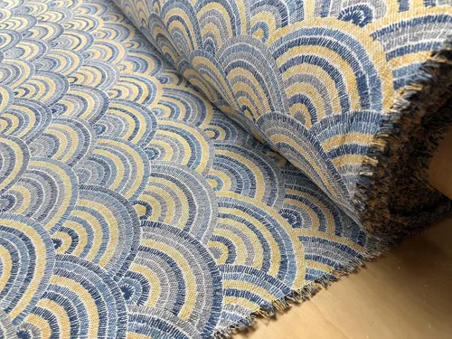 Vista 6 de Rainbow Fan Art Deco - Tela de damasco con abanico de pavo real, muebles, cortinas, material de tapicería, 55 pulgadas de ancho, azul y mostaza