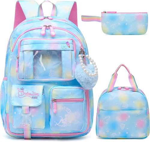 Vista 11 de Alrisg Mochila escolar para niñas, para escuela primaria, linda mochila para niñas, color azul
